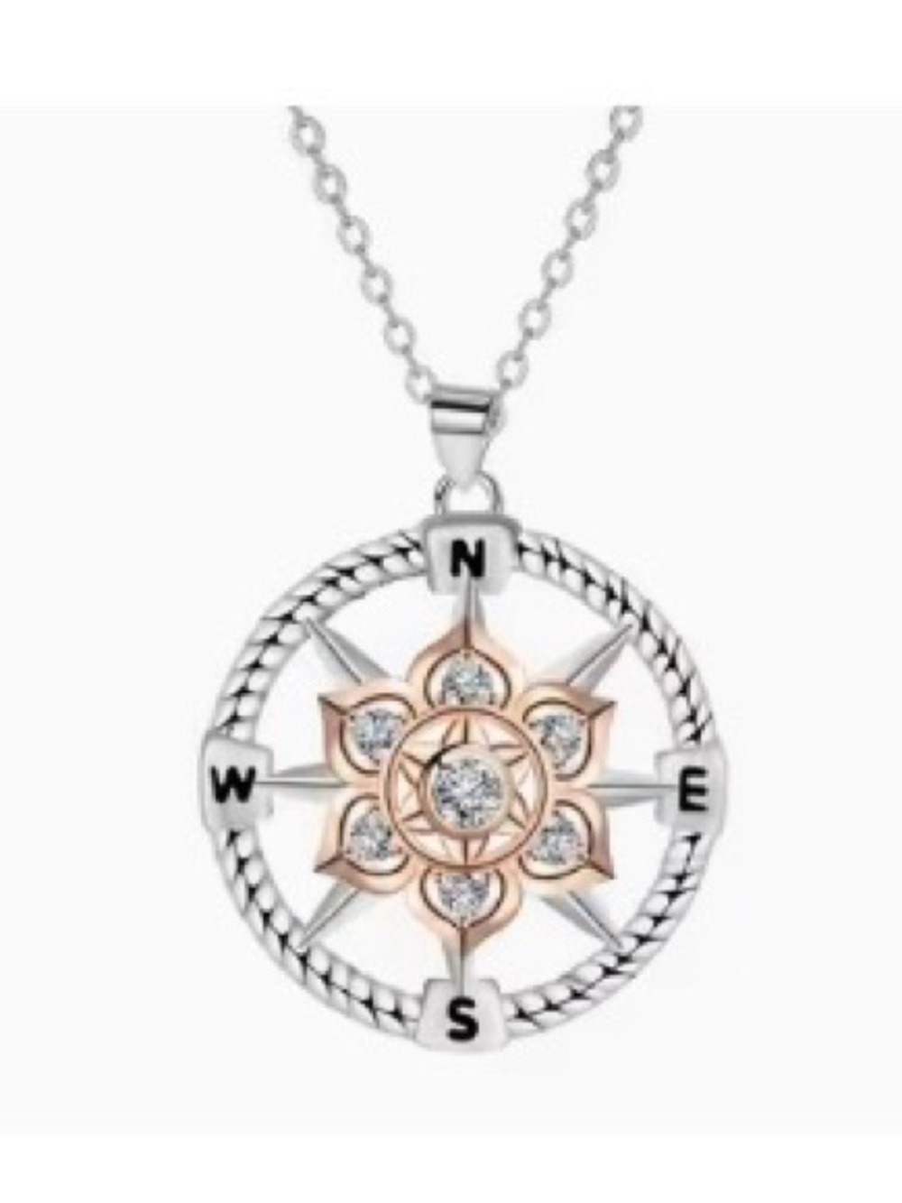 S925 Sterling Silver Compass Pendant Necklace. New.